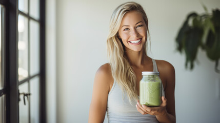 Smiling woman in a light, airy kitchen holding a smoothie.