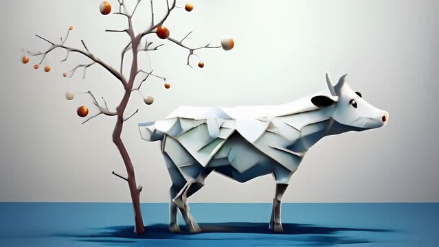 Cow under the tree. Generative ai animation.