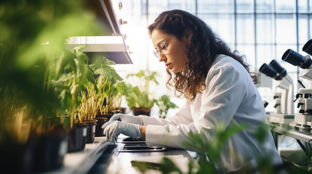 Female scientist in a lab coat examining plants with a microscope in a greenhouse