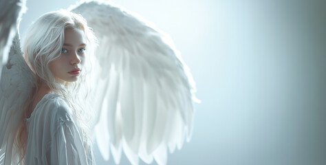  beautiful young angel girl with a sweet face, blue eyes, long white wavy hair, in a light robe with huge angelic white wings behind her back ,fantasy aesthetics