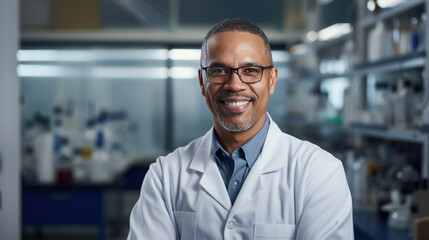 Portrait of a smiling doctor wearing glasses and a lab coat - obrazy, fototapety, plakaty