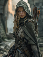 beautiful young girl assassin in medieval clothes with a hood - obrazy, fototapety, plakaty