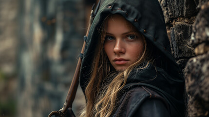 beautiful young girl assassin in medieval clothes with a hood