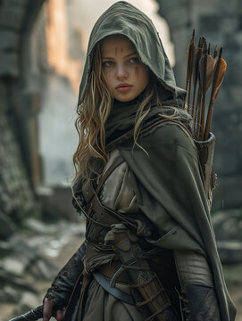 Beautiful Young Girl Assassin In Medieval Clothes With A Hood