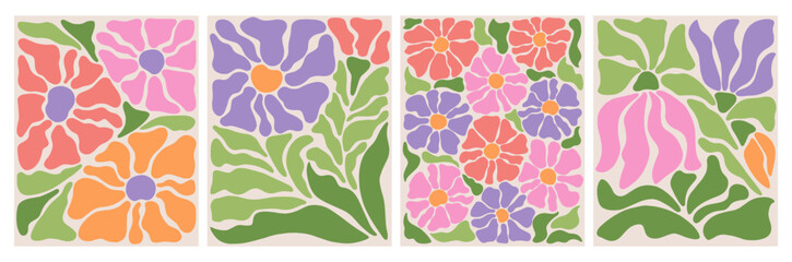 Abstract flower posters set. Trendy botanical wall arts with floral design in danish pastel colors. Matisse-inspired floral paintings. Decorative contemporary botanical elements. Vector naive art