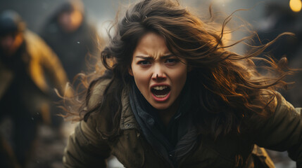 poor young lady protect her self from her enemy in war with angry exasperation