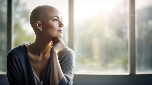 Bald woman in soft light from a window