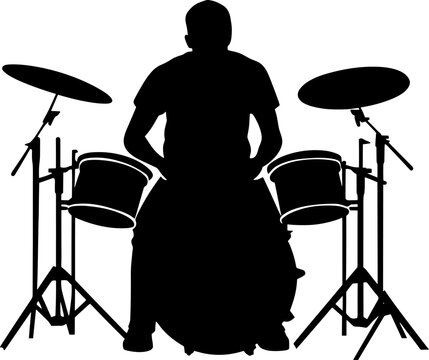 A drummer musician drumming drums in detailed silhouette. AI generated illustration.