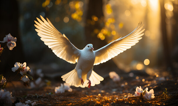 International Day of Peace Elegant Dove Gracefully Perched on a Sunlit Perched on a Sunlit Globe White dove flying in the air. Freedom, peace and love concept. AI Generative
