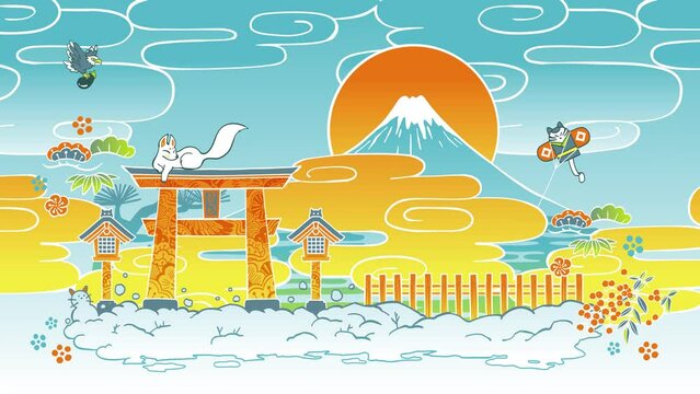 日本のお正月イメージ。縁起の良いモチーフ（富士山・初日の出・稲荷神社・初夢・凧）。手描きループアニメーション。背景素材。