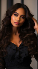 Fototapeta premium Fashionable Black Woman in Long Wavy Lace Wig