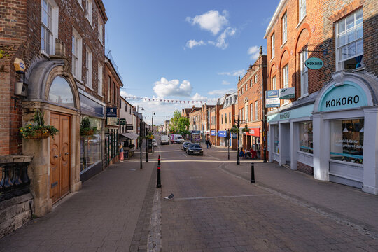 Northbrook Street in Newbury Berkshire looking North towards the Clock Tower during the Queens 70th Jubilee in 2022