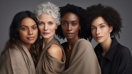 Obraz premium Group portrait of women of different ages and ethnic backgrounds, smiling and embracing each other, symbolizing diversity and unity.