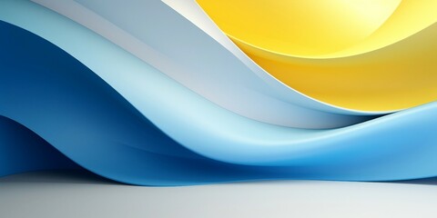 3D風横長背景。水色と白と黄色の波模様の壁と床がある抽象的な空間