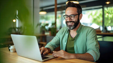 Cheerful man with a beard and glasses working on a laptop at a wooden desk