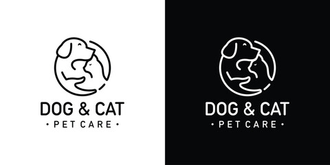 Creative Pet Care Logo. Circle Dog Cat with Lineart Outline Icon Symbol Vector Design Template.