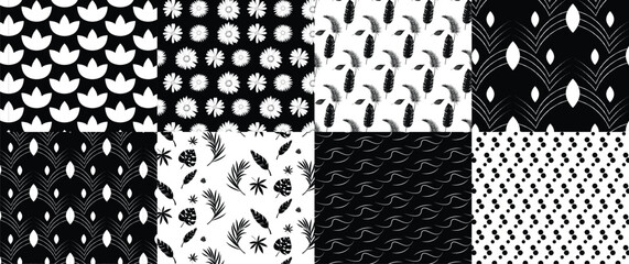 Collection of Geometric & Natural Background - Seamless Patterns - Vector Illustration - Black and White Patterns