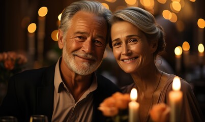 Senior married couple posing in front of candles in restaurant