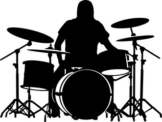 A drummer musician drumming drums in detailed silhouette. AI generated illustration.