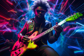 Obraz premium Electric Dreams: Afro Blues Guitarist in Neon Harmony