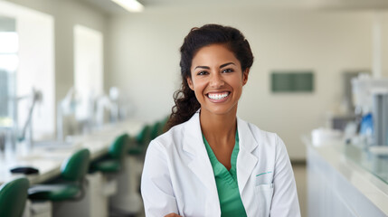 Smiling woman in a clinical setting with dental equipment in the background.