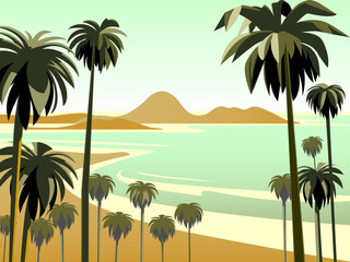 Fototapeta na wymiar Romantic seascape with tropic palms in the foreground, islands and beach in the background. Handmade drawing vector illustration. Can be used for posters, banners, postcards, books and etc.