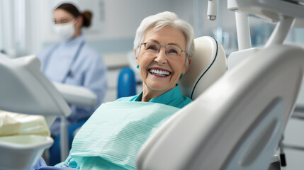 Elderly female patient with white hair, smiles happily while sitting in a dental chair