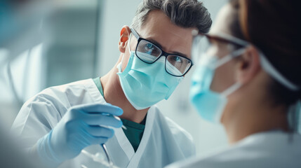 Surgeon or dentist wearing blue scrubs, a surgical mask, goggles, and a hair cap, holding instruments, preparing for a procedure in a clinical setting with bright lighting.