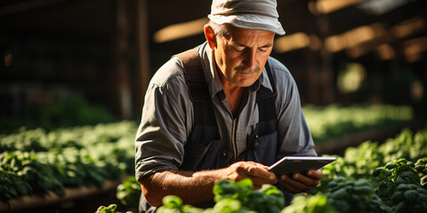 Senior farmer working in a greenhouse, using a tablet computer to check the plants
