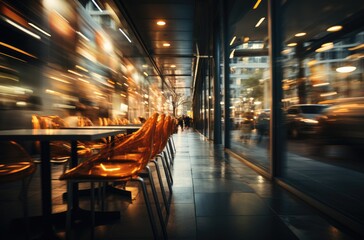 Blurred image of restaurant chairs on the street - obrazy, fototapety, plakaty
