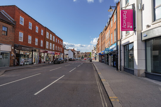 Northbrook Street in Newbury Berkshire Facing North towards the Clock Tower Roundabout during the Queens 70th Jubilee in 2022