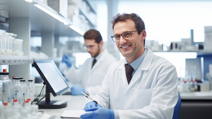 Happy male scientist with a beard and glasses is working on a computer in a modern laboratory