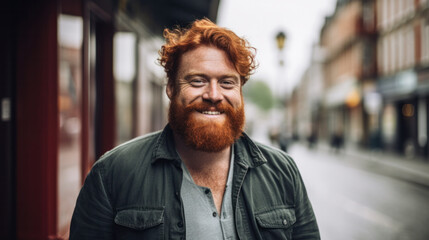 Fototapeta premium closeup portrait red haired man with beard in park outdoor. pensive attractive redhead ginger guy with on natural background