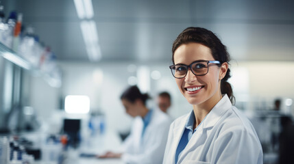 Smiling female scientist with curly hair and glasses, wearing a lab coat in a laboratory setting, with scientific equipment and other researchers in the background.