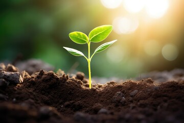 Fototapeta premium Close-up macro photo of a young green tree plant sprout growing up from the black soil the morning sunlight. Growth new life concept.