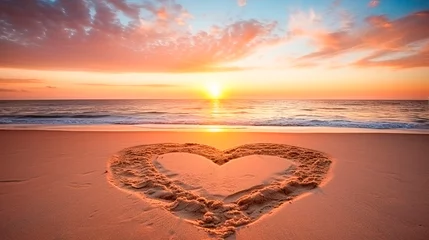 Photo sur Plexiglas Coucher de soleil sur la plage sunset beach Landscape with heart shape in the sand. Valentine´s day, love and wedding concept 