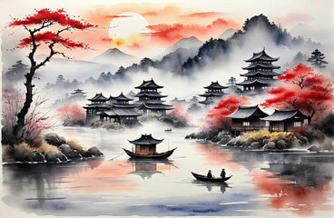 Japanese houses and cherry trees - watercolor painting - obrazy, fototapety, plakaty