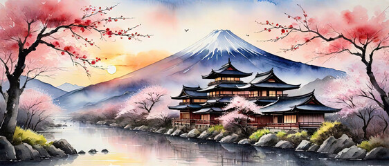 Mount Fuji , Japanese houses - watercolor painting - obrazy, fototapety, plakaty