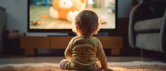 Back view of a little boy sitting in front of tv. Rear view of child watching television in living room. Child watching television in living room. Films or movies for kids. Generative ai