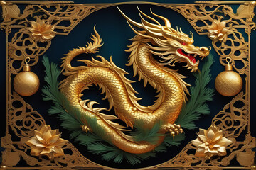 Fototapeta premium The symbol of the traditional Asian dragon with fir branches and golden Christmas balls. Symbol of the Chinese New Year