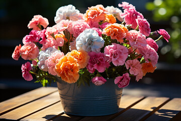 Bouquet of varied flowers basks in sunlight on a slatted wooden surface.