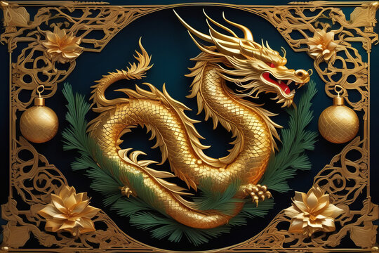 The symbol of the traditional Asian dragon with fir branches and golden Christmas balls. Symbol of the Chinese New Year