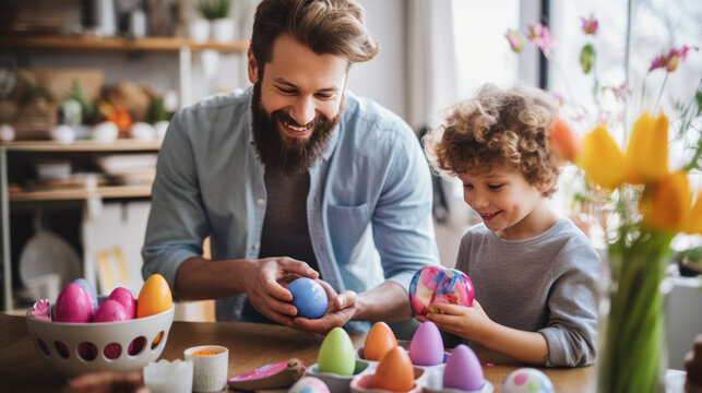 Portrait Of A Man And A Young Child With Bunny Ears, Smiling And Engaging In Easter Festivities, Likely Painting Easter Eggs