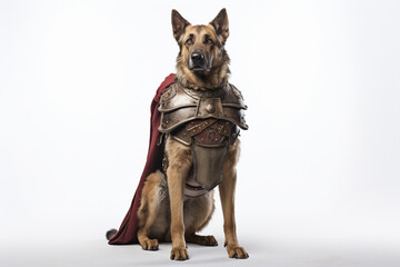 Armoured dog close-up portrait on a white background.	

