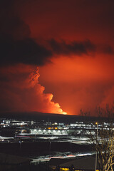 Volcano eruption at night in Iceland, Reykjavik. 