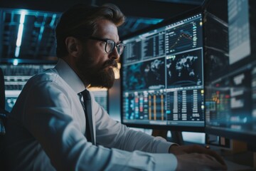 A business man engrossed in tasks, displaying concentration and competence while handling data on a substantial screen in a modern and dynamic office environment.