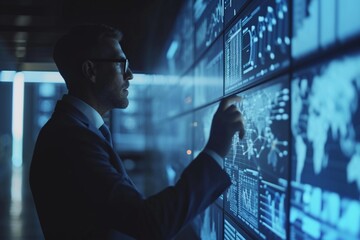 A business man in a moment of strategic focus, handling and analyzing data on a sizable screen, illustrating the integration of technology and business strategy.