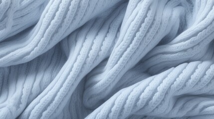 Close-up of a cozy white and light blue knitted fabric with a cable knit pattern, exemplifying a warm and comfortable textile suitable for winter clothing or a soft blanket,