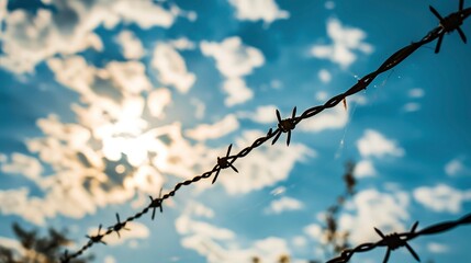 Fototapeta na wymiar Barbed wire in front of blue sky with cloud