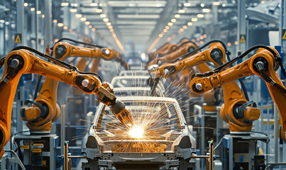 Robotic arms welding parts on car body on automated production line in an automobile factory